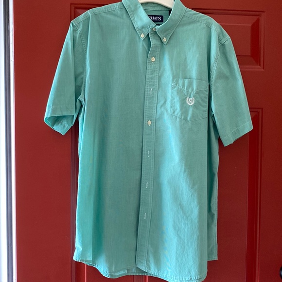 Chaps button down Men’s shirt. Sz Lg green/white tiny checks short sleeve - Picture 1 of 5